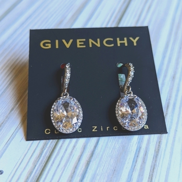 Givenchy Oval Silver Tone Cubic Zirconia Drop Jacket Earrings NWT - Picture 3 of 4